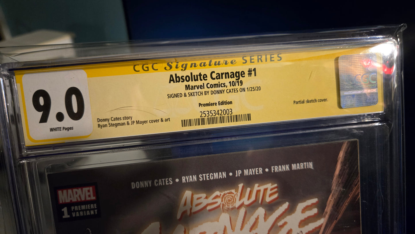 Absolute Carnage #1 , CGC 9.0 w/ Verified Signature and Remark by Donny Cates