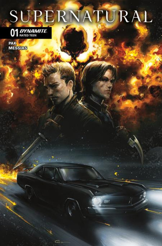 Supernatural comic book cover with two characters and a car in front of a fiery background